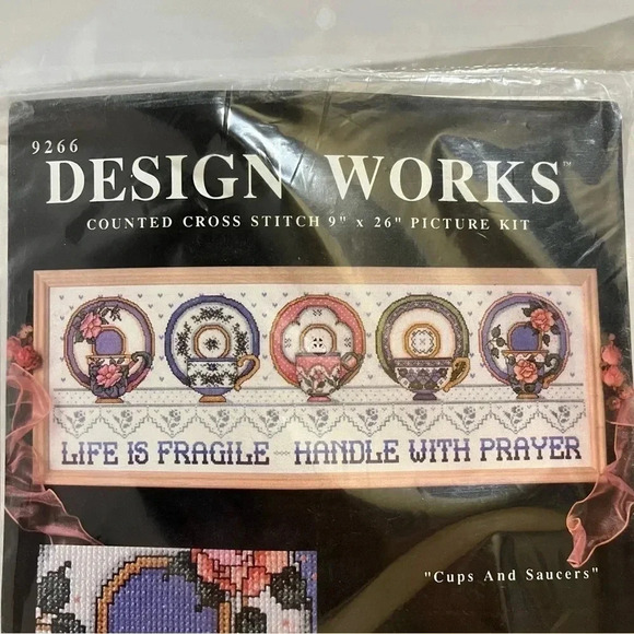 Design Works NEW Counted Cross Stitch Kit #9266 Cups and Saucers  9 x 26 inch - Picture 2 of 5